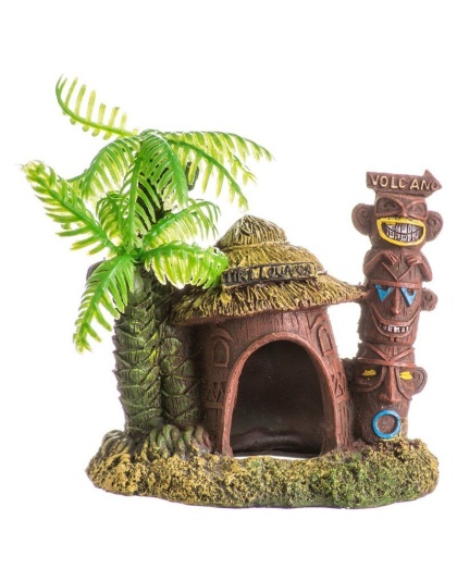 Blue Ribbon Exotic Environments Betta Hut with Palm Tree Aquarium Ornament - 4"L x 2.75"W x 3.25"H