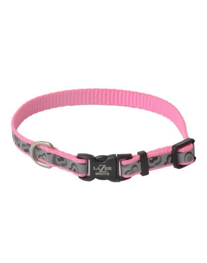 Lazer Brite Pink Hearts Reflective Adjustable Dog Collar - 8"-12" Long x 3/8" Wide