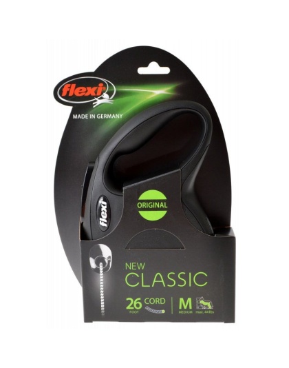 Flexi New Classic Retractable Cord Leash - Black - Medium - 26' Cord (Pets up to 44 lbs)