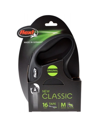 Flexi New Classic Retractable Tape Leash - Black - Medium - 16' Tape (Pets up to 55 lbs)