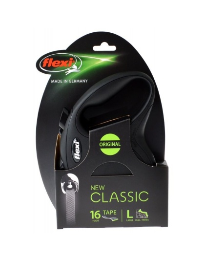 Flexi New Classic Retractable Tape Leash - Black - Large - 16' Tape (Pets up to 110 lbs)