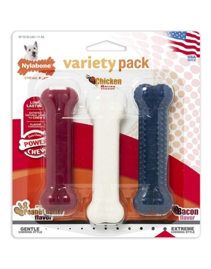 Nylabone Dura Chew Bones - Assorted Flavors - 3 Pack - Peanut Butter, Chicken & Bacon Flavors - (Dogs up to 25 lbs)