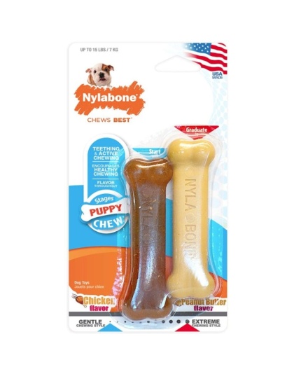 Nylabone Puppy Chew Petite Twin Pack - Chicken & Peanut Butter Nylon Chews - 3.75" Chews - 2 Pack - (For Puppies up to 15 lbs)