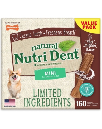 Nylabone Natural Nutri Dent Filet Mignon Dental Chews - Limited Ingredients - MIni - 160 Count