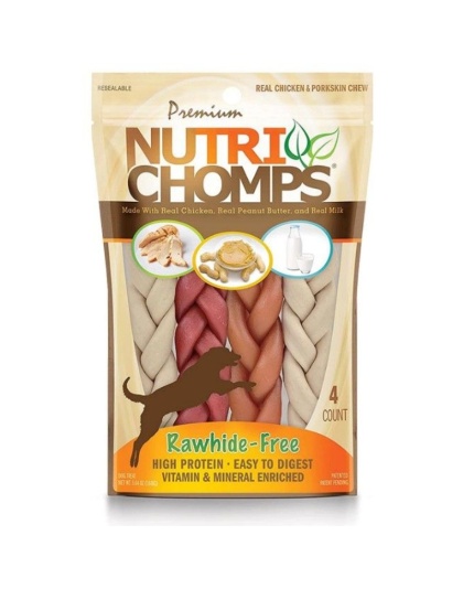 Premium Nutri Chomps Rawhide Free Chicken, Peanut Butter, Milk Dog Treats - 4 count